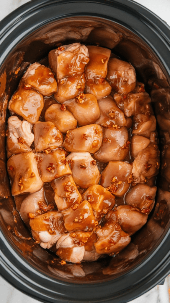 thick brown sauce being poured over chicken pieces in the crockpot, pooling between the pieces, bright red chili flakes visible
