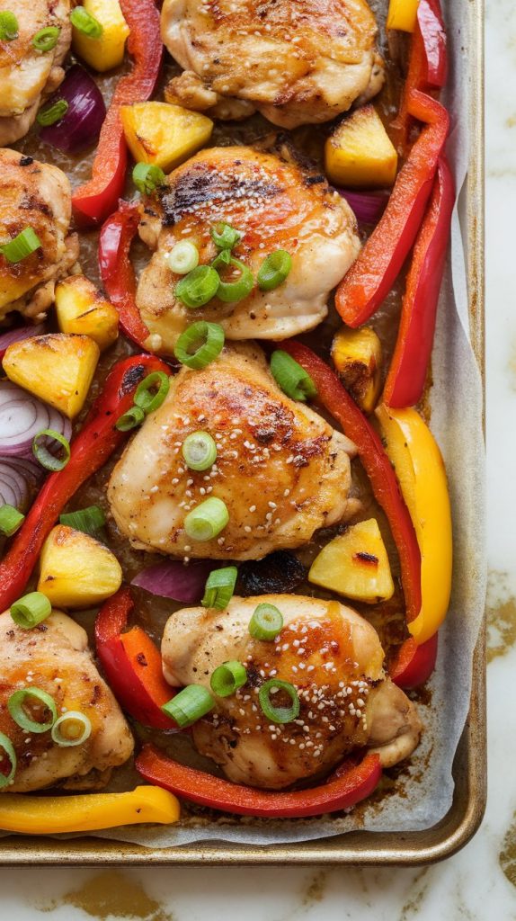 finished Hawaiian Sheet Pan Chicken Dinner garnished with sesame seeds and sliced green onions, everything golden and slightly charred