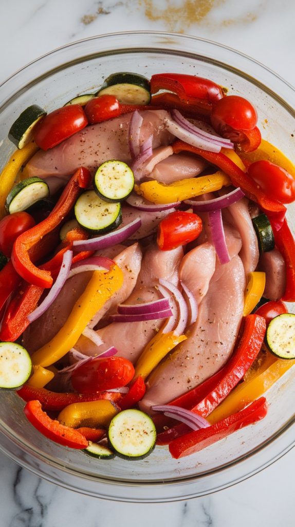 a large glass bowl filled with a fully mixed and well-coated mixture of raw chicken breast strips, sliced red and yellow bell peppers, zucchini half-moons, red onion slices, and whole cherry tomatoes, everything glistening and evenly covered in olive oil and seasoning