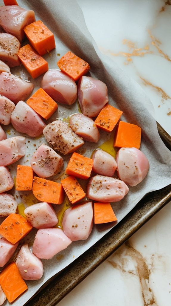 a sheet pan filled with seasoned chicken chunks and sweet potatoes spread evenly, parchment paper lining underneath