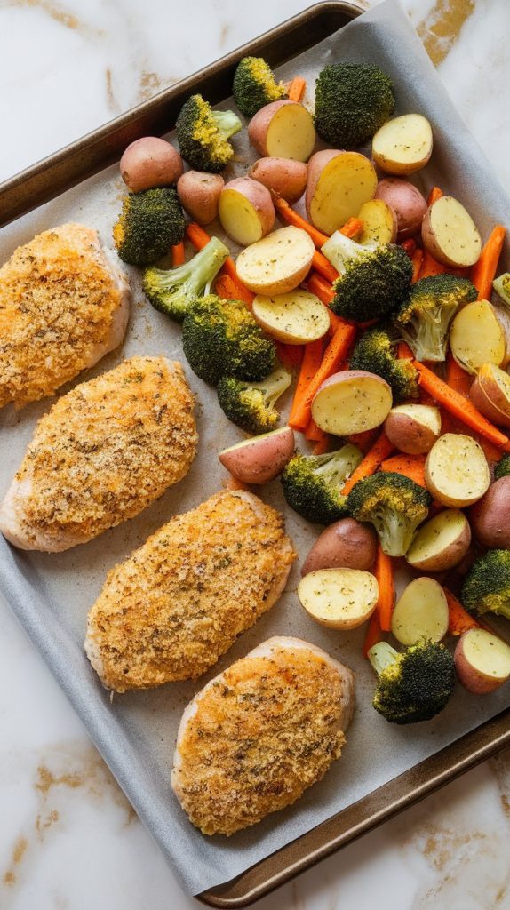 Parmesan crusted chicken placed on one half of a parchment-lined sheet pan, colorful veggies spread evenly on the other half