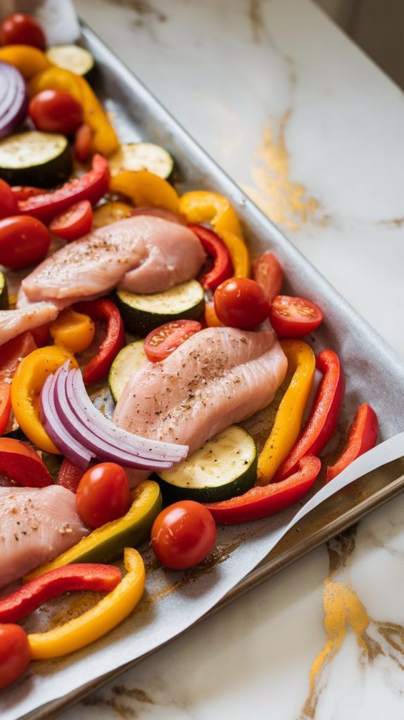 raw, seasoned chicken strips and colorful veggies spread in a single layer on a parchment-lined sheet pan