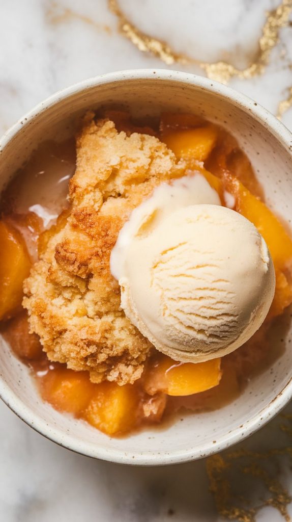 a warm scoop of peach cobbler served in a shallow white ceramic bowl