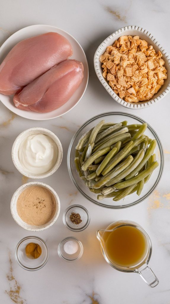 all ingredients for Crockpot Chicken Stuffing Green Beans