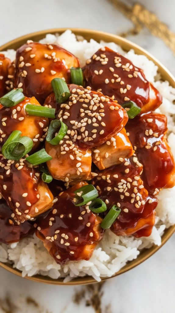 finished General Tso’s Chicken being garnished with sesame seeds and chopped green onions, glossy sauce shining, fluffy white rice on the side