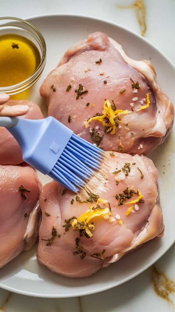 raw bone-in, skin-on chicken thighs being marinated on a white plate, with a silicone brush spreading a mixture of olive oil, lemon juice, lemon zest, minced garlic, dried oregano, salt, and black pepper over the skin
