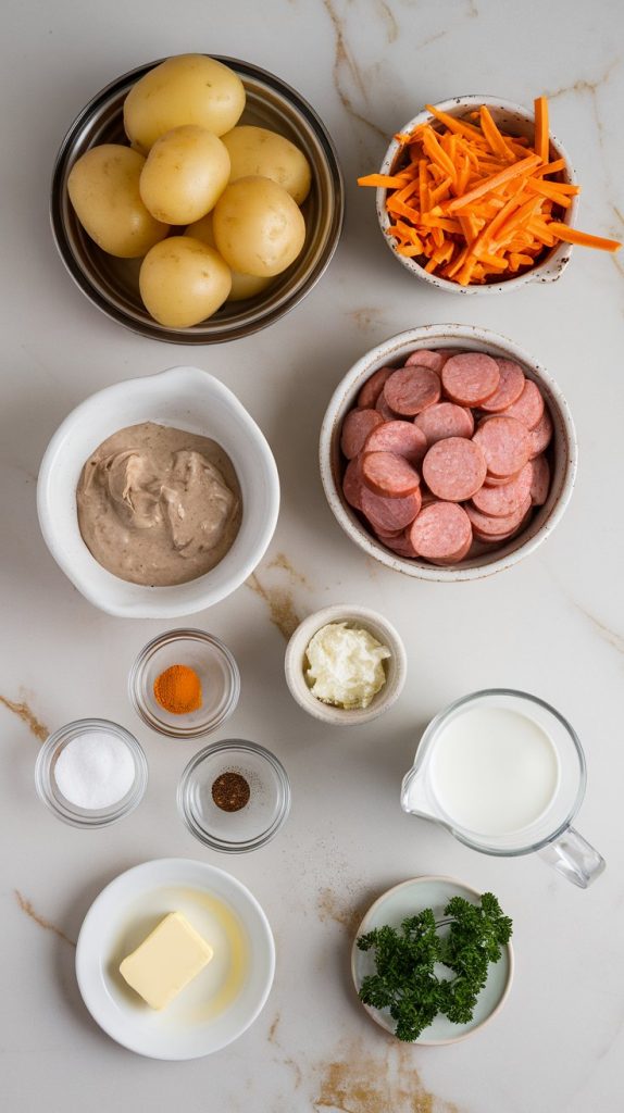 all ingredients laid out: peeled and diced russet potatoes, sliced smoked sausage, shredded cheddar cheese, can of cream of mushroom soup, sour cream, milk in a small glass, finely chopped onion, garlic powder, paprika, salt and pepper, a pat of butter on a small dish, fresh parsley bunch