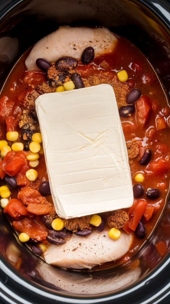 an 8 oz block of cream cheese sitting whole on top of the seasoned bean and veggie mixture in the slow cooker, not yet melted
