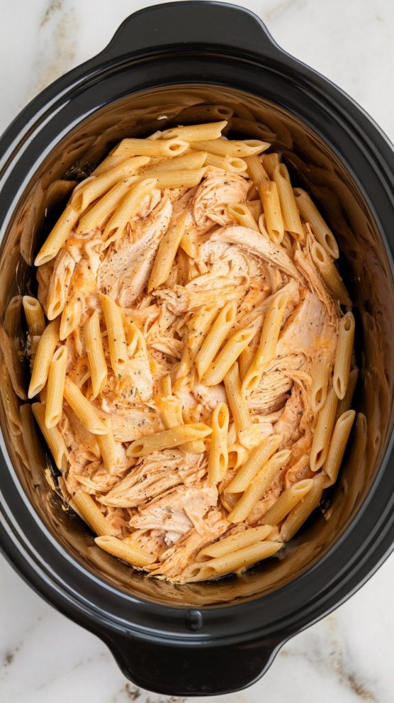 creamy shredded chicken being mixed with penne pasta in the crockpot, sauce clinging to pasta, cheese strands stretching slightly