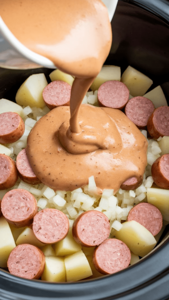thick creamy sauce being poured from a bowl over sausage, onions, and diced potatoes in the crockpot
