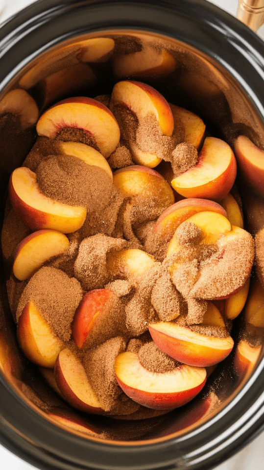 brown sugar, cinnamon, and nutmeg evenly sprinkled over the sliced peaches inside the crockpot