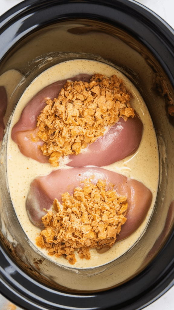 raw chicken breasts in a black Crockpot insert, fully coated with a creamy mixture of cream of chicken soup, sour cream, and chicken broth