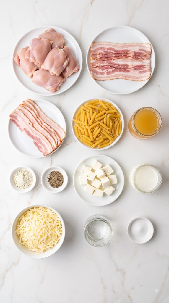 Ingredients for Chicken Bacon Ranch Pasta Crockpot