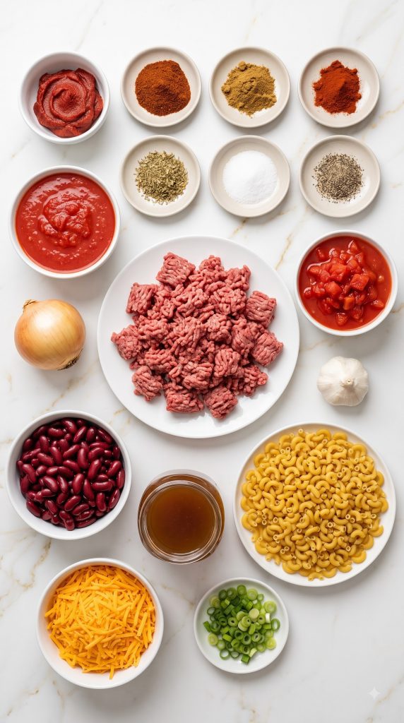 Ingredients for Crock Pot Cheddar Chili Mac