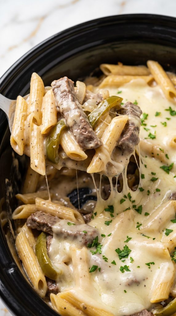 Crockpot Philly Cheese Steak Pasta