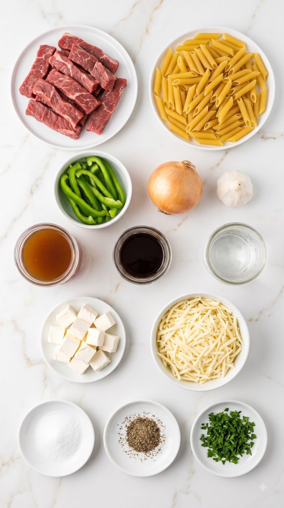 Ingredients for Crockpot Philly Cheese Steak Pasta