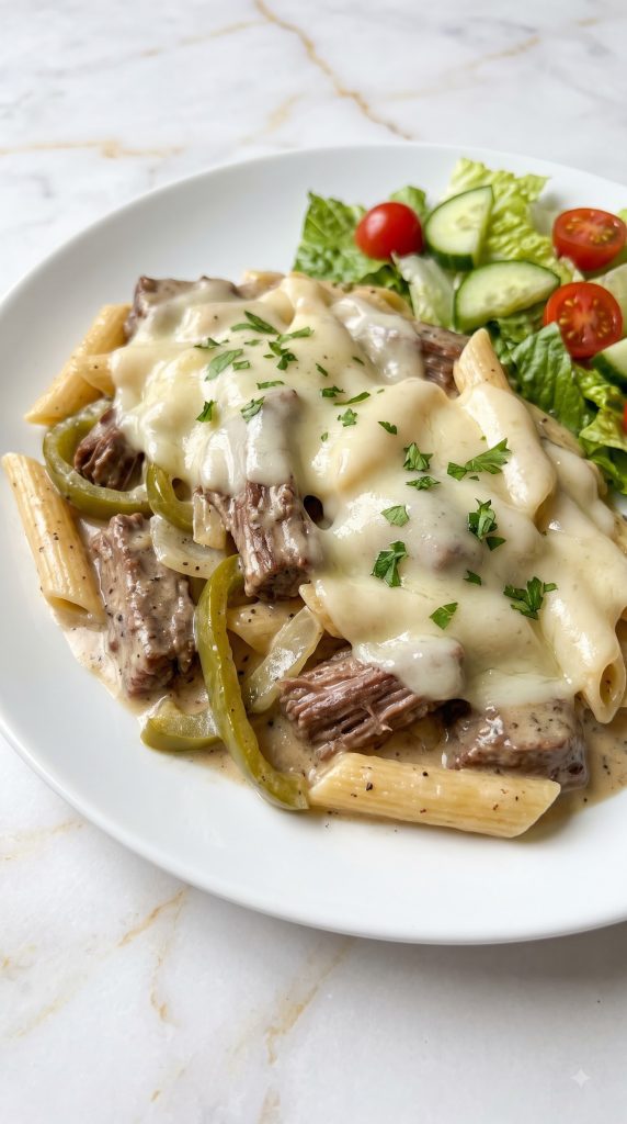 Why this Crockpot Philly Cheese Steak Pasta works