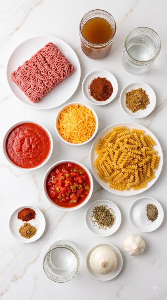 Ingredients for Crockpot Taco Pasta