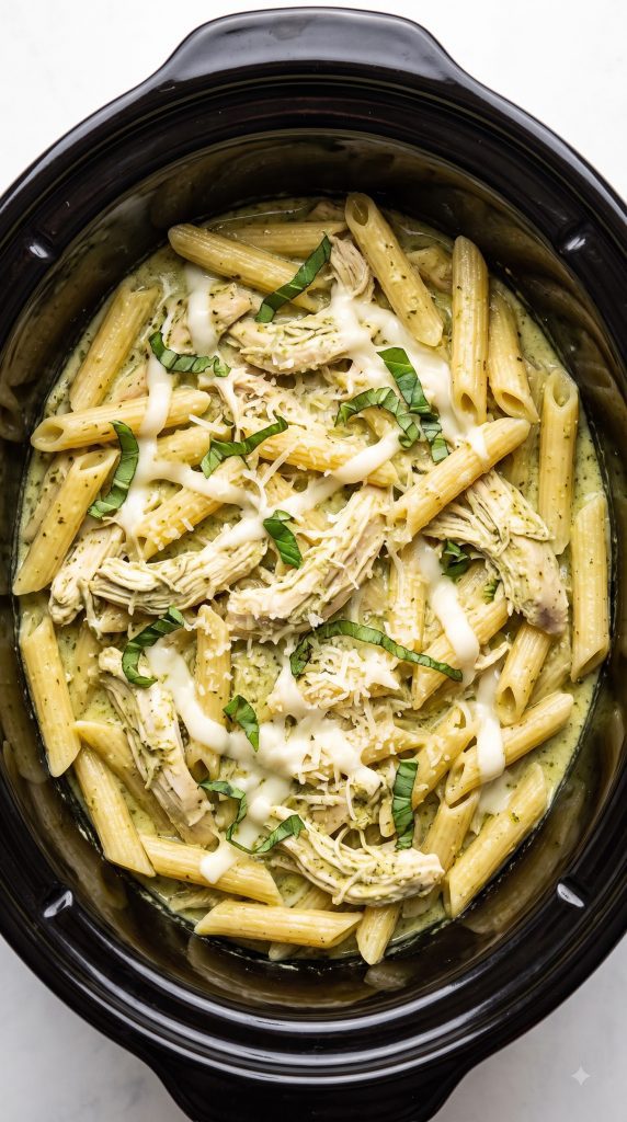 Slow Cooker Pesto Mozzarella Chicken Pasta