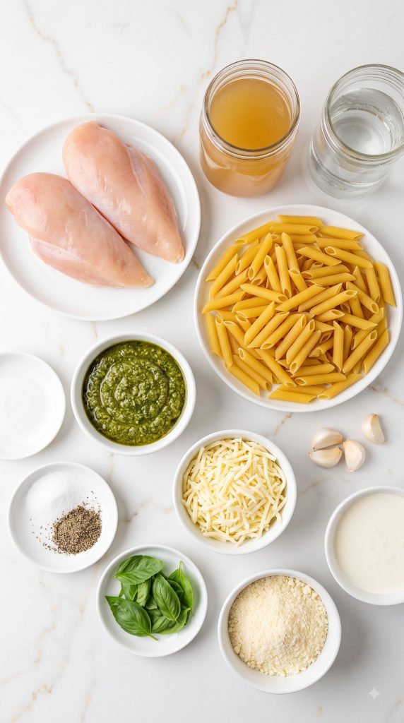 Ingredients for Slow Cooker Pesto Mozzarella Chicken Pasta
